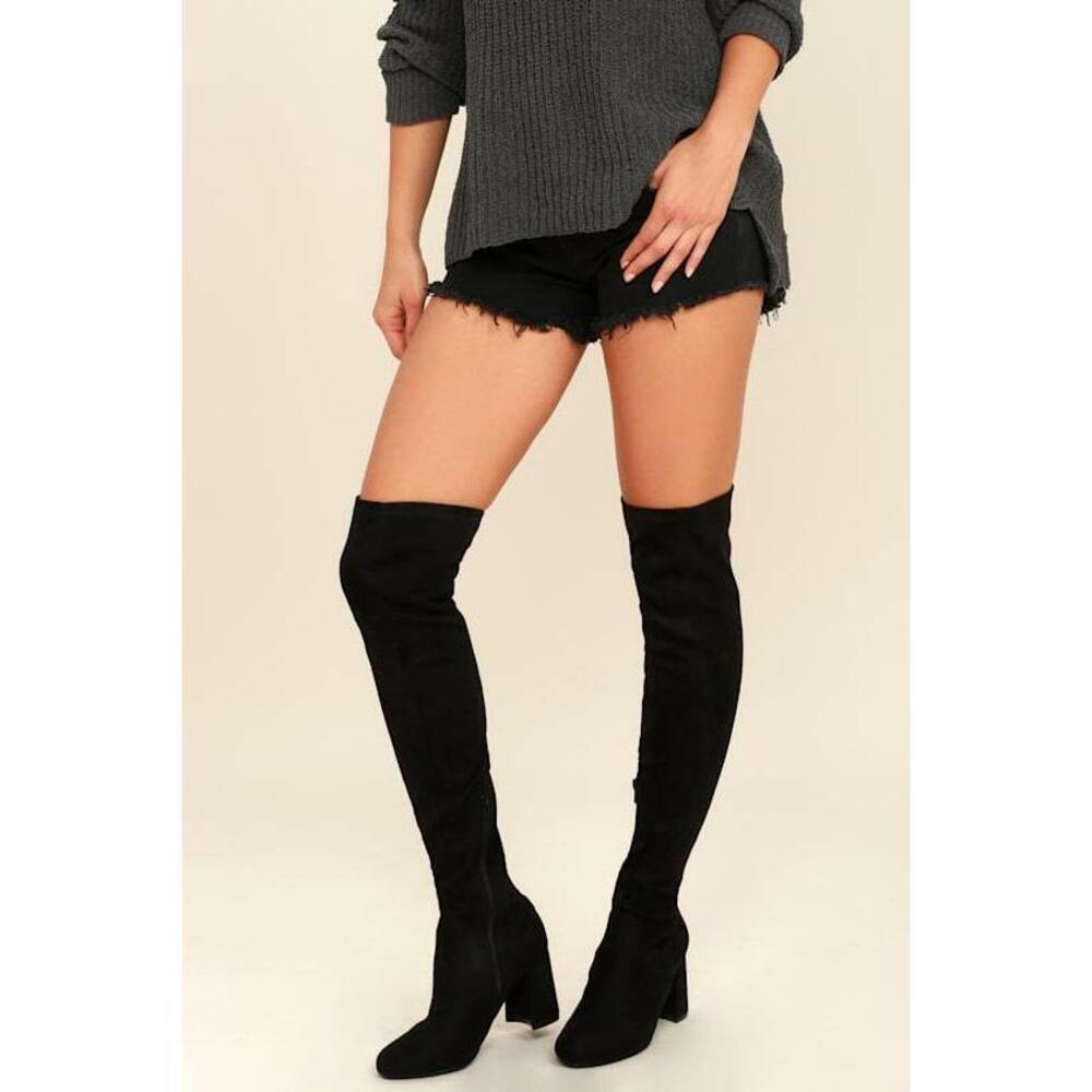 Lulus Tahlia Black Suede Over The Knee Boots - Size 8.5
